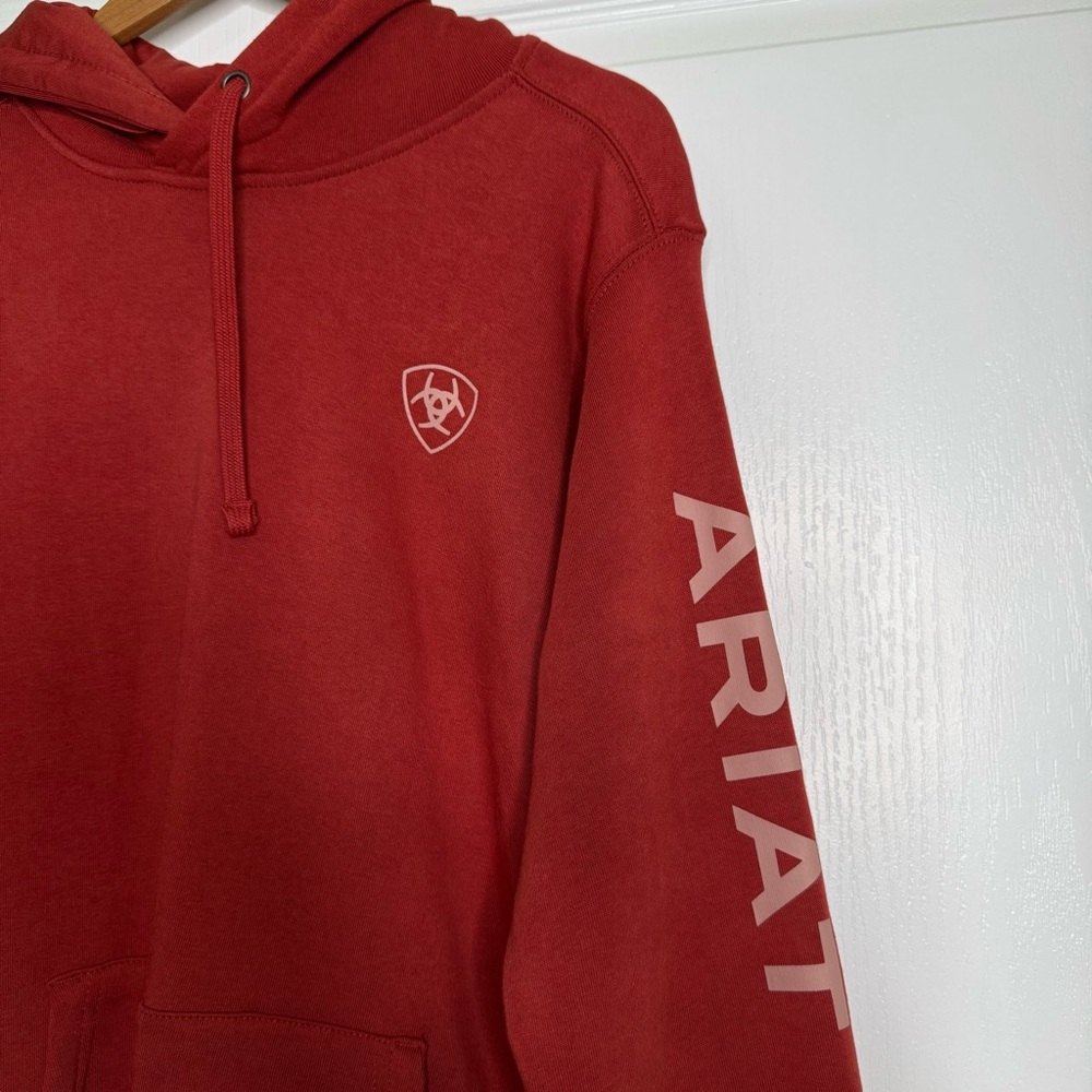 Ariat REAL Classic Arm Logo Hoodie Sweat Fleece Lined Orange Cotton Blend Medium - Picture 7 of 16